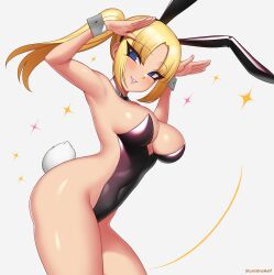 blonde_hair blue_eyes bowtie_collar bunnysuit kuroonehalf original_character ponytail sideless_outfit