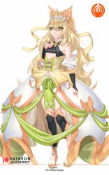 1girls bare_shoulders blonde_hair bow breasts celine_(fire_emblem) commentary commission crazzeffect crown detached_sleeves female female_only fire_emblem fire_emblem_engage flower full_body green_bow green_eyes hand_up highres long_hair looking_at_viewer nintendo skirt small_breasts smile solo standing underboob very_long_hair white_background white_flower white_skirt