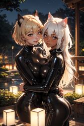 2d 2girls ai_generated amber_eyes big_breasts blonde_hair blue_eyes bodysuit cat_ears catgirl ebony latex long_hair sarella short_hair white_hair