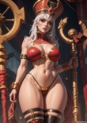 ai_generated female hat holding_staff huge_breasts huge_thighs human_(warcraft) human_female human_priest leopard_print_bikini long_hair looking_at_viewer mature_female priest_(warcraft) red_topwear sally_whitemane scarlet_crusade staff thick_hips thick_legs thick_thighs thigh_boots thong valodiffusion warcraft white_hair world_of_warcraft