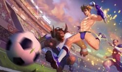 alistar anthro ball ezreal field football googles grass grass_field human kicking league_of_legends lee_sin light_particles male male_focus male_only mammal minotaur motion_blur nipple_piercing public_nudity running scissor_w_gwen soccer soccer_ball soccer_cup_series soccer_field soccer_uniform striker_ezreal sweat sweeper_alistar