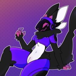 anthro black_body black_fur fur hi_res hybrid keryel machine male nude presenting protogen simple_background slit smile solo someproto tail