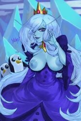 1girls adventure_time blue_skin breasts_out dress ice_queen_(adventure_time) large_breasts long_hair penguin yum!