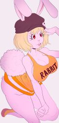 2020 big_breasts blonde_hair breasts brown_eyes bunny_girl carrot_(one_piece) cleavage female female_focus female_only furry hat noblood on_knees one_piece rabbit ryandomonica short_hair tank_top thick_thighs thighs white_background white_fur