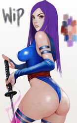 1girls armband asian ass aura betsy_braddock botslim breasts bridal_gauntlets dat_ass elizabeth_braddock erect_nipples female from_behind hair highres katana kwannon large_breasts leotard long_hair looking_at_viewer looking_back marvel nail_polish ninja psylocke purple_eyes purple_hair sash sideboob simple_background solo straight_hair thigh_strap weapon x-men