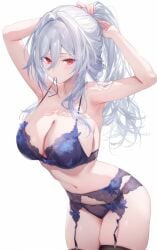1girls ai_generated bra female female_focus female_only garter_belt garter_straps hands_behind_head holding holding_hair holding_object honkai:_star_rail honkai_(series) jingliu_(honkai:_star_rail) lace lace-trimmed_bra lace-trimmed_panties lace-trimmed_thighhighs lace_trim large_breasts light-skinned_female light_skin long_hair looking_at_viewer mochimochirice object_in_mouth panties ponytail posing red_eyes tagme underwear white_background white_hair wide_hips