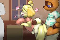 1girls 2boys ambiguous_penetration animal_crossing anthro biped blue_eyes bottomless brown_body brown_fur canid canine canis clothed clothed_sex clothing curvaceous curvy domestic_dog enigi09 female from_side fur group hi_res indoors interspecies isabelle_(animal_crossing) large_breasts male mammal miniskirt nintendo nipple_outline penetration penile penile_penetration procyonid public public_sex raccoon sex side_view stomach_bulge sweatdrop tom_nook trio voluptuous yellow_body yellow_fur