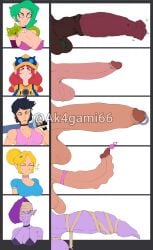 5futas 5girls akagami66 balls bibi_(brawl_stars) big_penis brawl_stars clothing emz_(brawl_stars) futanari horsecock jessie_(brawl_stars) lola_(brawl_stars) massive_penis penis_size_difference piper_(brawl_stars) sex_from_behind urethral_insertion white_background