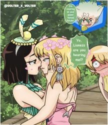 amaryllis_(dr.stone) dr.stone ginro_(dr.stone) ishigami_senku kissing kohaku_(dr.stone) tongue volter_x_volter yuri