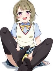 1girls borgbattlert brown_hair crotch_seam female looking_at_viewer love_live! love_live!_nijigasaki_high_school_idol_club nakasu_kasumi open_legs panties pink_eyes short_hair smile socks teasing white_background