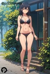 1girls ai_generated ass_visible_through_thighs bikini black_bikini black_hair breasts brown_eyes cleavage collarbone female female_only full_body human looking_at_viewer medium_breasts medium_hair misaki_nagatoro navel outdoors pikkiwynn please_don't_bully_me,_nagatoro red_eyes sandals side-tie_bikini_bottom smile solo standing swimsuit tree