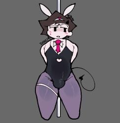 1boy big_thighs bulge bunnysuit clothed clothing cosplay crossdressing dani_(danielito) danielito demon demon_boy demon_horns demon_tail ear erection erection_under_clothes femboy gray_background light-skinned_male male_only nervous pantyhose rabbit_ears rabbit_hole_(deco*27/caststation) rabbit_hole_(vocaloid) simple_background