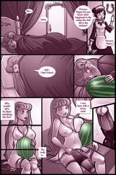 2013 2girls balls breasts busty cleavage comic dialog futanari horsecock huge_cock intersex large_breasts maid monochrome nipples original original_character partially_colored penis penis_under_clothes penis_under_dress princess_pippa sheath shia_(artist) sleeping testicles text voluptuous watermelon