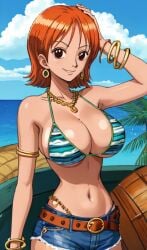 1girls ai_generated anime anime_girl big_breasts bikini_top bra female female_focus female_only nami nami_(one_piece) one_piece orange_hair_female pre-timeskip