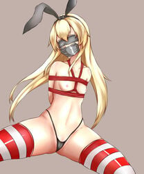 arms_behind_back black_thong blindfold blonde_hair bondage dodomeki female gag gagged hairbow kantai_collection long_hair nipples pussy rope shimakaze_(kantai_collection) small_breasts spread_legs striped striped_legwear tape tape_gag taped_eyes taped_mouth thighhighs thong tied_up topless