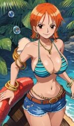 1girls ai_generated anime anime_girl big_breasts bikini_top bra female female_focus female_only nami nami_(one_piece) one_piece orange_hair_male pre-timeskip