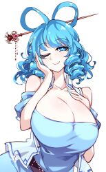 1girls big_breasts blue_eyes blue_hair breasts cleavage clothed_female drill_hair hair_stick light-skinned_female mature_female one_eye_closed raptor7 seiga_kaku smile solo solo_female touhou white_background