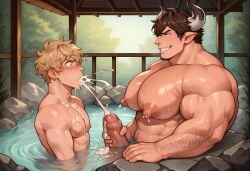 2boys 2males abs ahe_gao ahegao_face ai_art ai_generated angry angry_expression arm_hair bara bara_tiddies bara_tits barawa big_cock big_pecs big_penis blush body_hair bull_horns chest_hair cum cum_on_chest cumshot cumshot_in_mouth cwhk drooling eyes_rolled_back eyes_rolling_back facial_hair foreskin gay gay_sex goatee granblue_fantasy grinning horned_male hot_spring hot_springs lactating lactating_nipples large_pectorals male male/male male_only mature_male older_male older_male_younger_male onsen shocked shocked_expression shocked_face size_difference surprised surprised_expression surprised_face uncut_penis veiny veiny_penis wet wet_body