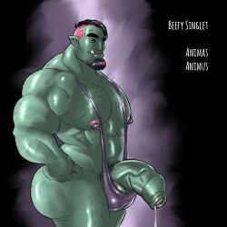 animasanimus balls banana_hammock bara big_penis cum facial_hair glas green_body green_skin male male_only muscles muscular orc penis semi-erect solo solo_male