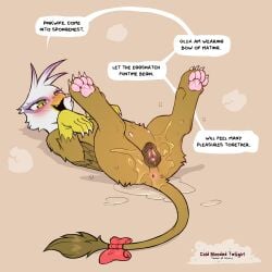 animal_genitalia animal_vulva anus avian beak blush bodily_fluids brown_body brown_fur cold-blooded-twilight dialogue female feral friendship_is_magic fur genital_fluids genitals gilda_(mlp) gryphon hasbro hi_res lying my_little_pony mythological_avian mythological_creature mythology on_back open_mouth paws pupils quadruped simple_background smile solo speech_bubble tail text thick_thighs three-quarter_view vaginal_fluids wings
