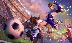 alistar anthro ball ezreal field googles grass grass_field human kicking league_of_legends lee_sin light_particles male male_focus males_only mammal minotaur motion_blur nipple_piercing public_nudity running scissor_w_gwen soccer soccer_ball soccer_cup_series soccer_field soccer_uniform striker_ezreal sweat sweeper_alistar