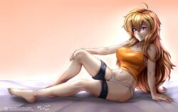 1girls barefoot blonde_female blonde_hair breasts feet hocen long_hair long_hair_female panties purple_eyes rwby short_shorts smile solo solo_female tank_top white_panties yang_xiao_long