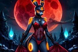 ai-created ai_art ai_generated blue_fire blue_flame eevee eeveelution female fire full_moon gauntlets gothic gothic_girl lingerie pokemon pokemon_(species) red_lingerie red_moon shiny_pokemon shyunchained umbreon vampire