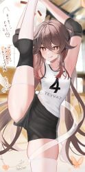 armpits boo_tao_(genshin_impact) breasts brown_hair female female_only flexible genshin_impact ghost hu_tao_(genshin_impact) kabu_usagi leg_up legs red_eyes shorts small_breasts sportswear stretching thick_thighs thighs translation_request volleyball_uniform