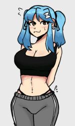 1girls belly_button blue_hair blush exposed_belly exposed_belly_button female female_only ii_(peps_art) kimchi_flp light-skinned_female light_skin peps_art solo sports_bra sweat sweatdrop yellow_eyes