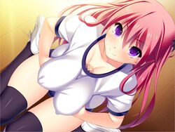 10s ayase_hazuki black_legwear blush breast_squeeze breasts buruma censored erect_nipples female firika_mia_shatana game_cg grand_cru grand_cru_bourgeois gym_uniform highres large_breasts legs long_hair looking_at_viewer nukidoki! paizuri penis pink_hair purple_eyes sitting smile sneakers succubus tagme thighs