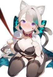 ai_generated big_ass blonde_hair blush bob_cut bra collar face_tattoo feet furry_ears furry_tail genshin_impact hoyoverse kneeling leaning_forward looking_at_viewer lynette_(genshin_impact) panties purple_eyes setsuaiart slim_waist stockings thick_thighs thighhighs underwear viewed_from_above wide_hips