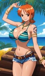 1girls ai_generated anime anime_girl big_breasts bikini_top bra evil_grin female female_focus female_only nami nami_(one_piece) one_piece orange_hair_female pre-timeskip