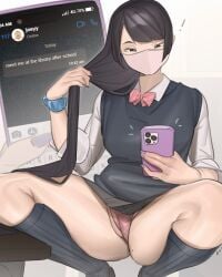 1girls face_mask female female_only horny labia long_hair panties school_uniform schoolgirl smartphone solo squatting tttinkaaaaa upskirt