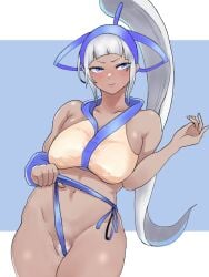 1girls annoyed big_breasts bikini bikini_bottom_lift blue_eyes blush breasts busty dark-skinned_female dark_skin female female_only grey_hair hair_ribbon highres large_breasts legs majikina_mina navel ponytail pubic_hair pussy pussy_peek ribbon samurai_shodown self_wedgie snk solo swimsuit thick_thighs thighs thong_bikini