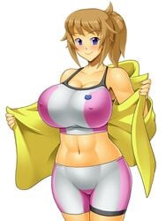 1girls abs arms bare_midriff bare_shoulders big_breasts blue_eyes blush breast_focus breasts brown_hair busty clavicle cleavage color colored cowboy_shot curvy erect_nipples erect_nipples_under_clothes female female_only hips huge_breasts human kawanuma_uotsuri large_breasts looking_at_viewer midriff navel off_shoulder ponytail presenting presenting_breasts shoulders showing showing_off smile solo solo_focus sports_bra thighs tied_hair tight_clothing uncensored voluptuous white_background workout_clothes