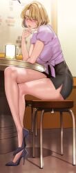 1girls beer beer_mug brave_new_world brown_eyes brown_hair high_heels legs light_brown_hair medium_breasts na_so-ri short_hair short_skirt side_view sitting skirt stool stool_(chair) thighs yoongonji