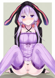 anus blush bunny_hood censored cevio collarbone female highres hooded_jacket hoodie long_hair mujakuma no_panties pointless_censoring purple_eyes purple_hair pussy smile solo thighhighs tied_hair twintails vocaloid voiceroid yuzuki_yukari