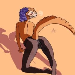 absurd_res anthro argonian bethesda_softworks blue_eyes blue_hair bodily_fluids clothing desert feather_hair feathers female foxmelra genital_fluids genitals hair hajjeke heat_(temperature) hi_res legwear orange_body orange_scales pantyhose pit_organ pseudo_hair pussy scales scalie solo spread_legs spreading the_elder_scrolls the_elder_scrolls_online tight_clothing underwear vaginal_fluids wet wet_clothing wet_underwear