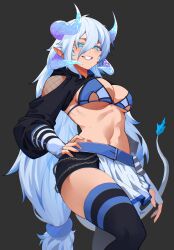 1girls adventurequest_worlds aqua_eyes aqw aqworlds artix_entertainment big_breasts blue_eyes blue_hair cleavage clenched_teeth demon demon_girl demon_horns female horns jon_eve light_blue_hair long_hair low-angle_view nonude original_character pointy_ears smirk solo tagme thighhighs very_long_hair wide_hips