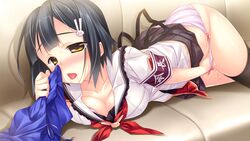 artist_request black_hair black_legwear blush breasts bunny_paradise_~koibito_zenin_bani-ka_keikaku~ cleavage clothed_masturbation clothing couch dutch_angle female game_cg hair_ornament hairpin highres masturbation panties school_uniform short_hair skirt smelling solo striped striped_panties tanazumi_miyabi thighhighs tongue tongue_out underwear yellow_eyes