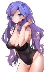 1girls blue_eyes blush cleavage half_updo indie_virtual_youtuber looking_at_viewer mamavale milf purple_hair simple_background swimsuit tattoo thighs upper_body virtual_youtuber white_background