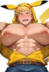 1boy 1man abs ai_art ai_generated bara bara_tits big_pecs big_pectorals blonde_hair blonde_hair_male blush cwhk gay gay_male granblue_fantasy hoodie huge_pecs huge_pectorals large_pecs large_pectorals light-skinned_male light_skin light_skinned_male male male_only man_boobs man_tits muscular muscular_male nipples pecs pectorals pikachu_(cosplay) pikachu_ears pikachu_tail pokemon solo solo_male sweatdrop vane_(granblue_fantasy) zipper zipper_down