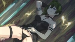 1girls arm_band armpit artist_logo belt belt_buckle black_panties black_skirt choker collarbone elbow_gloves flashing flashing_panties forest green_hair hand_behind_head keihh leaning_back lifting_skirt outdoors panties pantsu seductive_gaze seductive_pose seductive_smile sousou_no_frieren tagme thigh_band tree ubel_(sousou_no_frieren) violet_eyes