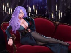 1girls 2021 big_breasts black_dress black_nails blue_eyes breasts cleavage dress full_body heels huge_breasts laying_down laying_on_side long_hair looking_at_viewer mamavale milf older_female purple_hair virtual_youtuber vtuber