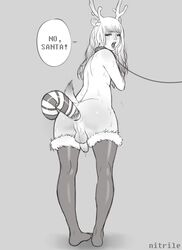 anal_insertion animal_ears antlers ass collar femboy girly long_hair male monochrome nitrile open_mouth penis precum solo standing sweat sweatdrop tail testicles thighhighs trap uncensored