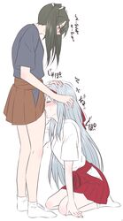 2girls brown_hair closed_eyes drooling fellatio female futa_with_female futanari hair hair_ribbon hairband hakama highres intersex intersex/female japanese_clothes kantai_collection kneeling multiple_girls oral penis ribbon seiza shoukaku_(kantai_collection) silver_hair sitting skirt tabi text tied_hair twintails udon_(shiratama) zuikaku_(kantai_collection)