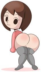 ass bottomless brown_eyes brown_hair female female_only human looking_at_viewer looking_back mii mob_face nintendo robbonp round_head smile solo tagme thighhighs