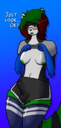 anthro blush bottomwear breasts chromer.exe chromer_exe clothing domestic_cat exposed_breasts felid feline felis green_eyes green_hair green_nipples gynomorph hair intersex legwear mammal nipples shorts solo thigh_highs