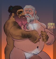 2boys absurdres after_kiss ass_hair back_hair bara beard belly chest_hair completely_nude couple dark-skinned_male dark_skin dwarf eye_contact face-to-face facial_hair facial_mark fat foreplay from_side full_beard gay girthy_penis gradient_beard hairy highres holding_hands long_beard looking_at_another male_focus mature_male multiple_boys navel navel_hair nipples nude original penis profile saliva saliva_trail sinnergybrute sparse_arm_hair sparse_leg_hair stomach thick_arm_hair thick_ass_hair thick_beard thick_eyebrows thick_thighs thighs tied_beard tongue tongue_out very_hairy yaoi