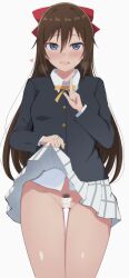 ass_visible_through_thighs black_jacket blue_eyes blush brown_hair censored clothes_lift commentary_request female female_pubic_hair hair_ribbon heart heavy_breathing highres jacket lifted_by_self long_hair long_sleeves looking_at_viewer love_live! love_live!_nijigasaki_high_school_idol_club neck_ribbon nijigasaki_academy_school_uniform no_panties ousaka_shizuku pubic_hair pussy red_skirt ribbon school_uniform shirt skirt skirt_lift smile sweatdrop wewe white_background white_shirt yellow_ribbon